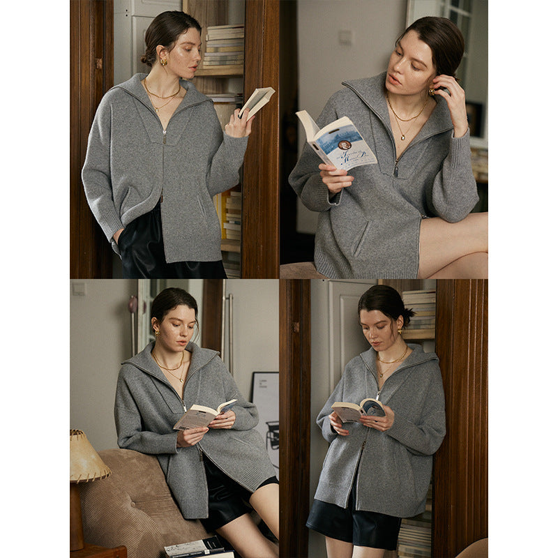Damen Cozy Strickjacke mit hohem Kragen und Reißverschluss Drune