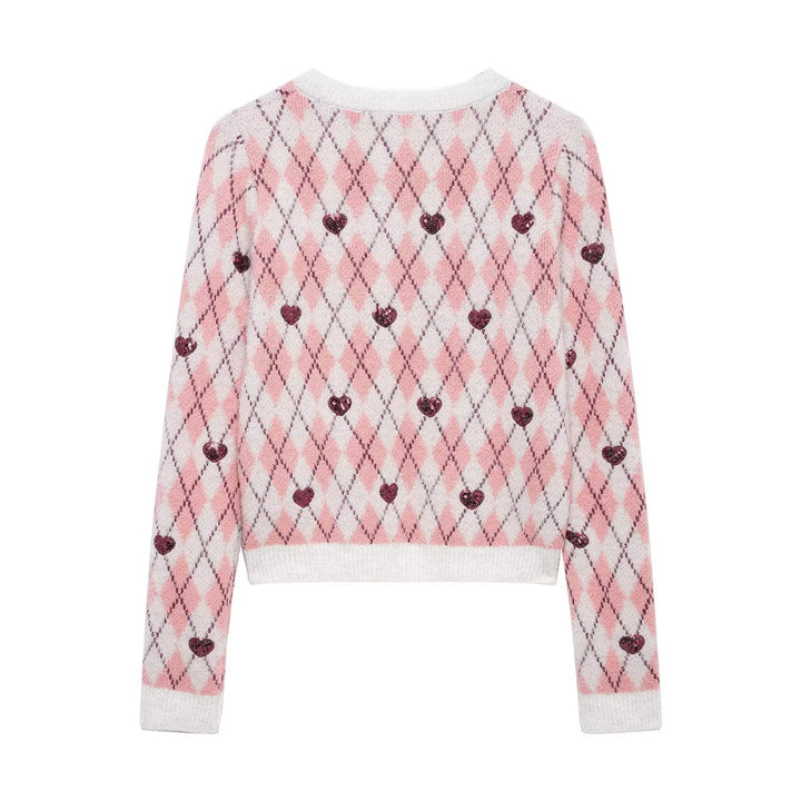 Damen nan verspielter Argyle-Strickpullover mit Paillettenherzen und Rundhalsausschnitt Drune