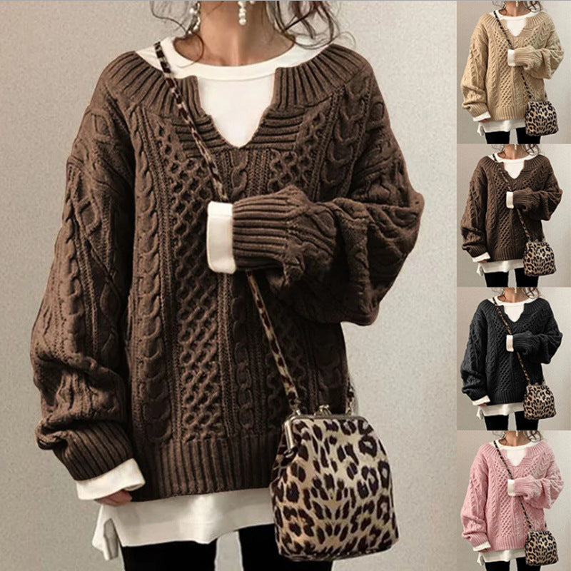 Damen nan weit geschnittener Strickpullover mit Zopfmuster und V-Ausschnitt Drune