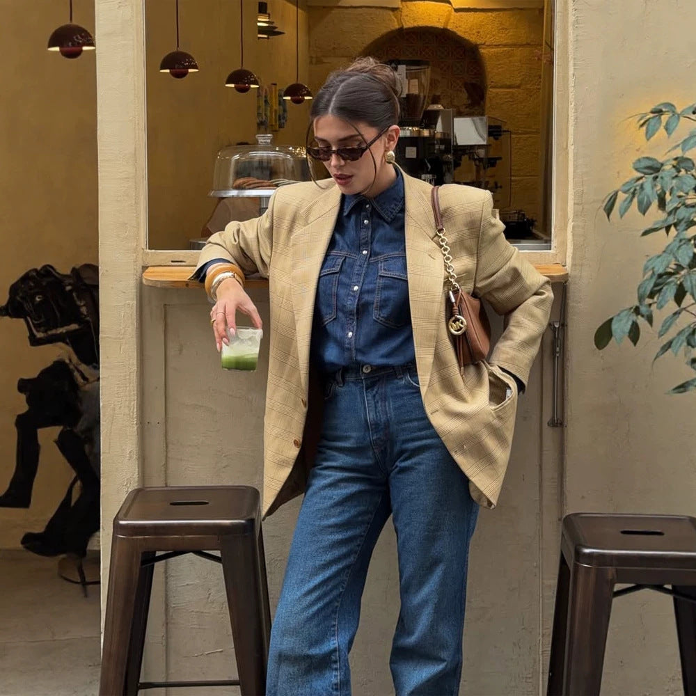 Damen Oversize Glencheck-Blazer im kastigen Boxy‑Schnitt mit markanter Schulterpartie Drune