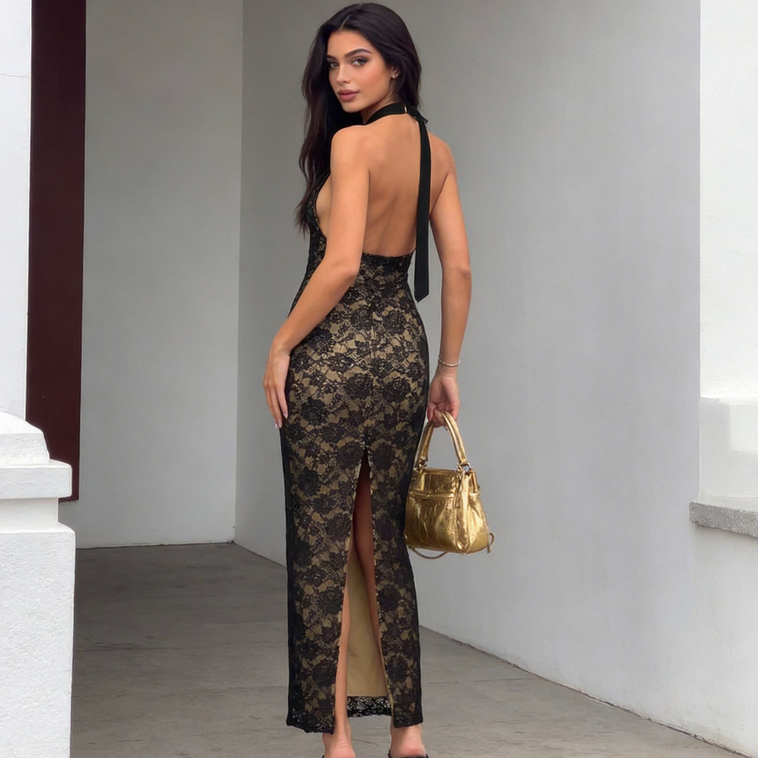 Damen Elegantes Spitzenabendkleid mit schmalem Kragen und transparenten Einsätzen Drune