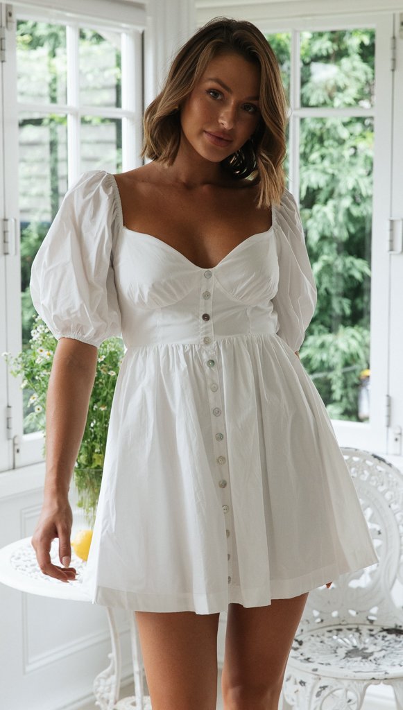 Damen skandinavisches Sommerkleid mit Puffärmeln und Knopfleiste Drune