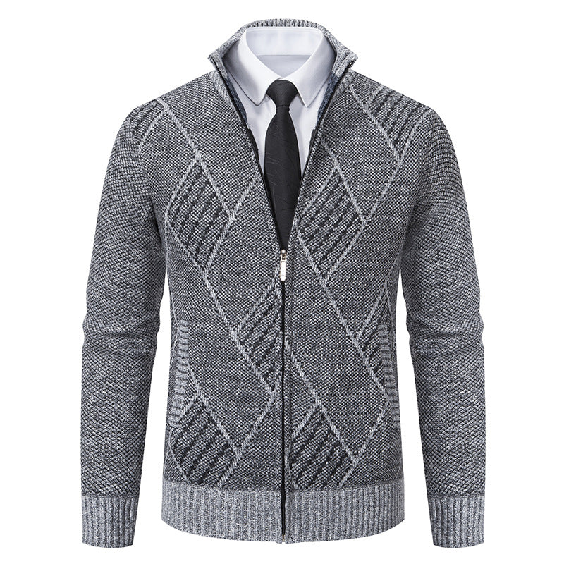 Herren Feinstrick-Zipjacke mit strukturierter Rautenoptik, Stehkragen und durchgehendem Reißverschluss Drune
