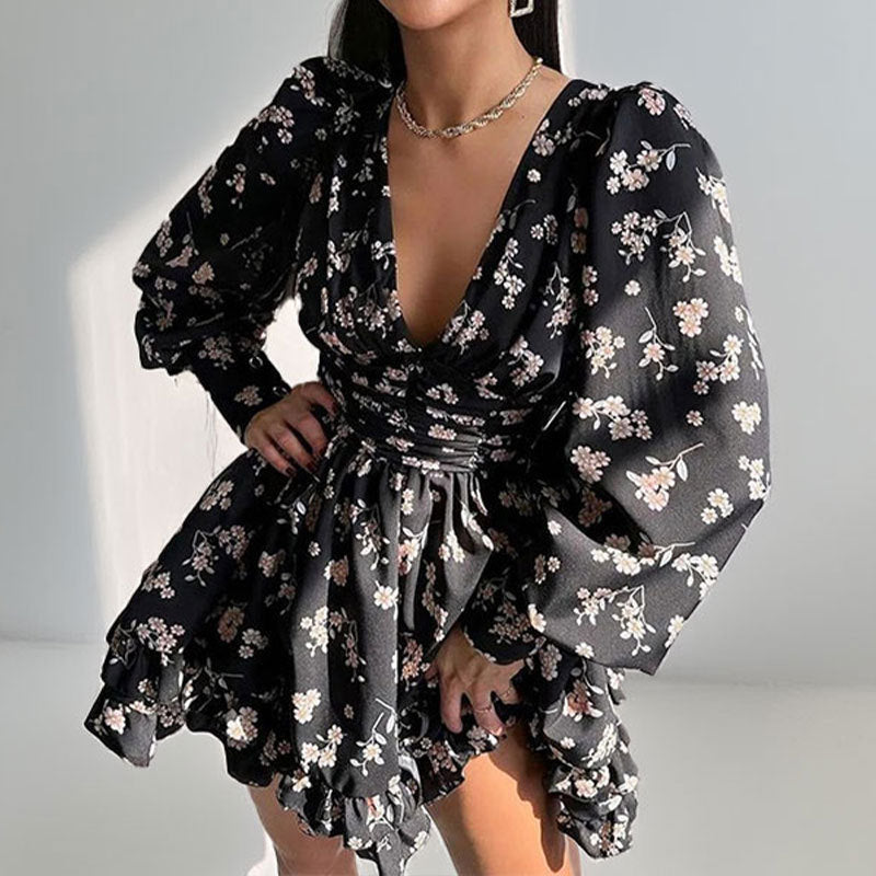 Damen Verspieltes Blumenkleid mit voluminösen Ärmeln und gerafftem Rock Drune