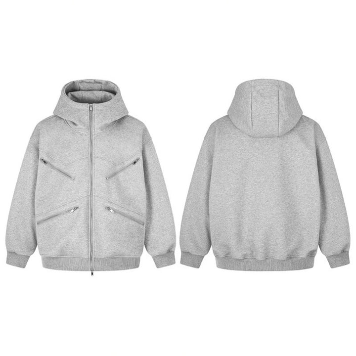Damen Oversize-Kapuzensweatjacke mit hohem Stehkragen, vier diagonalen Reißverschlusstaschen Drune