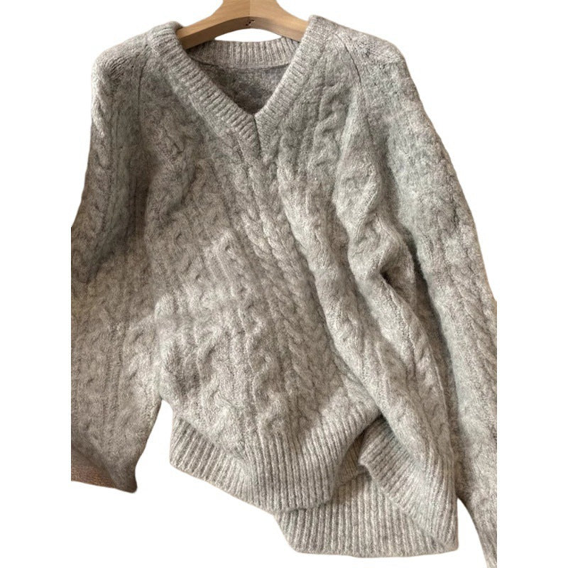 Damen Grobstrickpullover mit V-Ausschnitt und Zopfmuster Drune