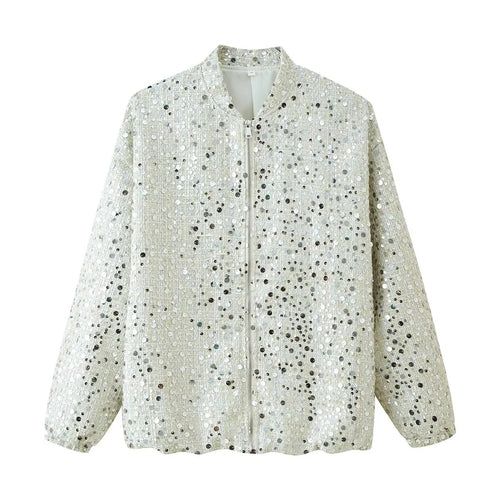 Damen nan schimmernde Pailletten-Boxy-Jacke mit Stehkragen, verdecktem Reißverschluss und elastischen Bündchen Drune