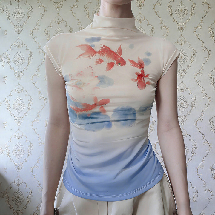 Damen Kurzarmshirt mit floralem Motiv und hochgeschlossenem Kragen Drune