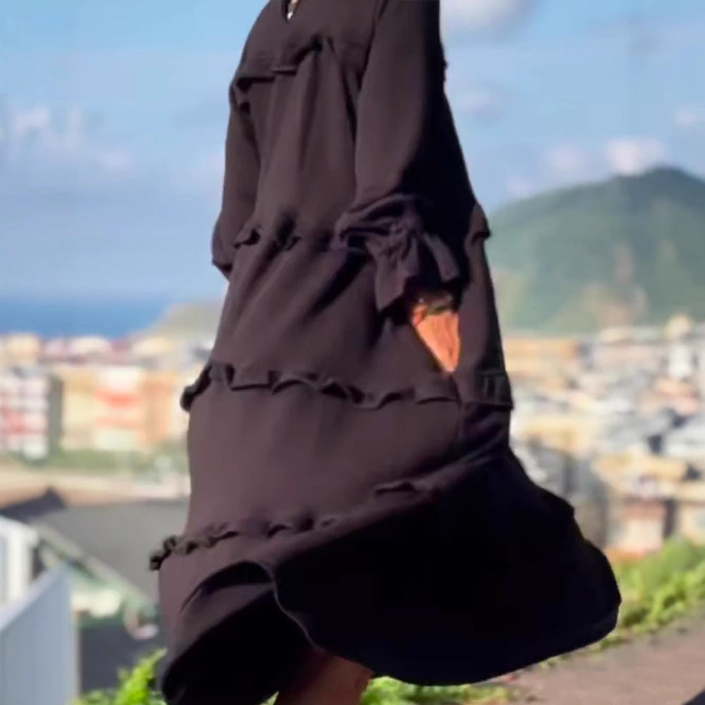 Damen nan kastiges Stufenmidikleid mit Rüschenkragen, gerafften Manschetten und verdeckten Seitentaschen Drune