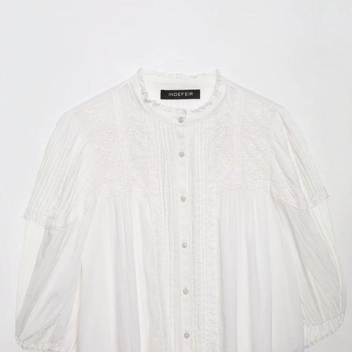 Damen Leichte Tunika‑Bluse mit Stehkragen, Plissee- und Spitzenbesatz Drune