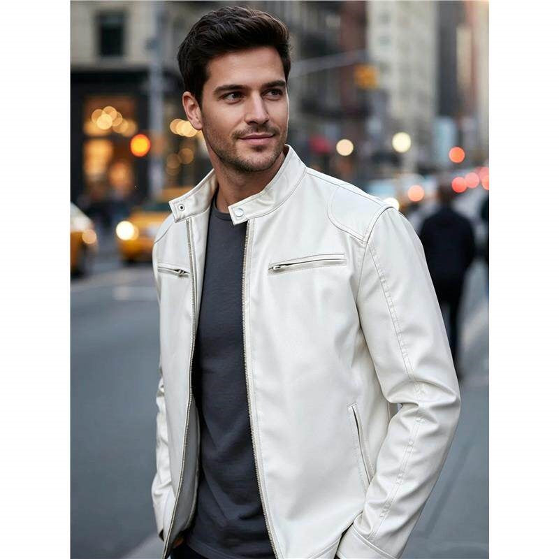 Herren Biker‑Style Kunstlederjacke mit Stehkragen und Reißverschlusstaschen Drune