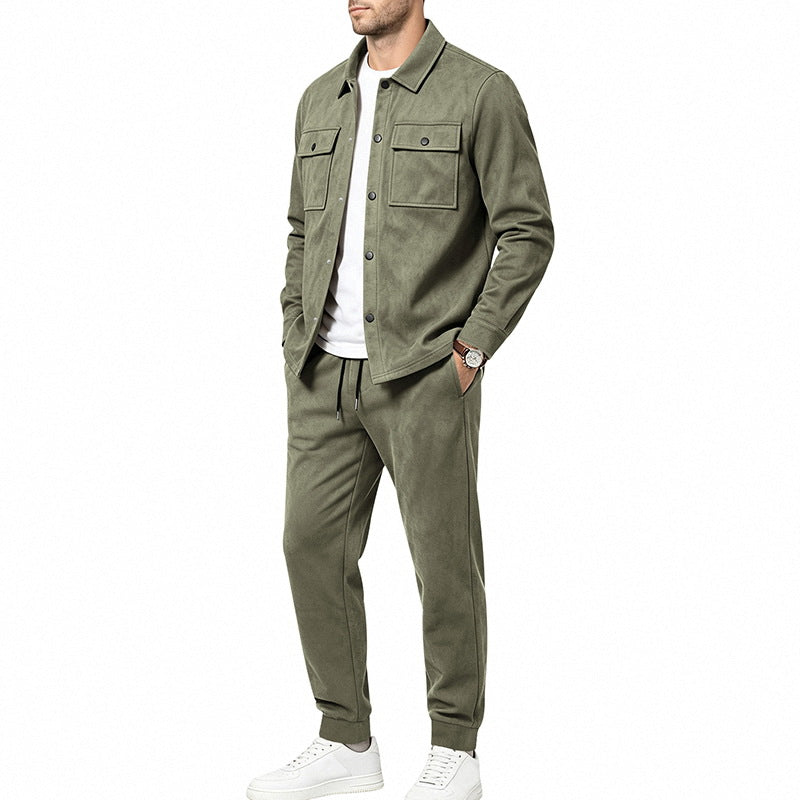 Herren nan Velours-Lounge-Set mit Overshirt, aufgesetzten Brusttaschen und tapered Jogginghose Drune