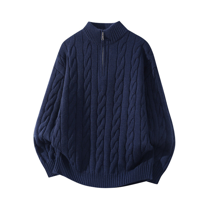 Damen Oversize Zopfmuster-Halbreißverschluss-Pullover mit Ballonärmeln und Stehkragen Drune