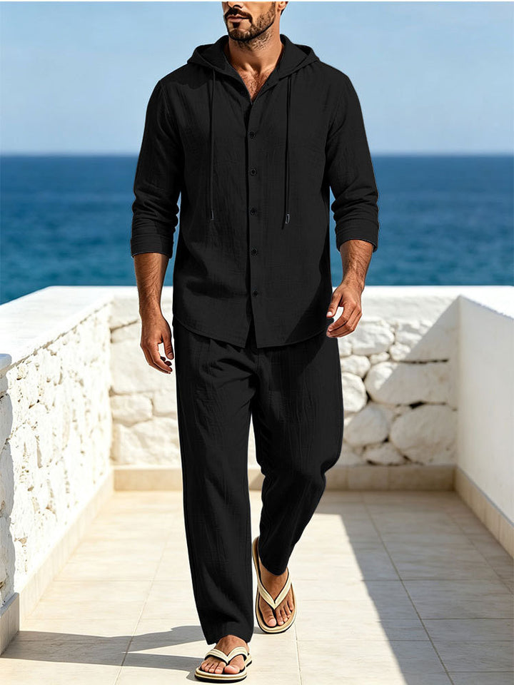 Herren Atmungsaktives Baumwoll-Gauze Loungewear-Set mit Kapuzenhemd und weiten Sommerhosen Drune