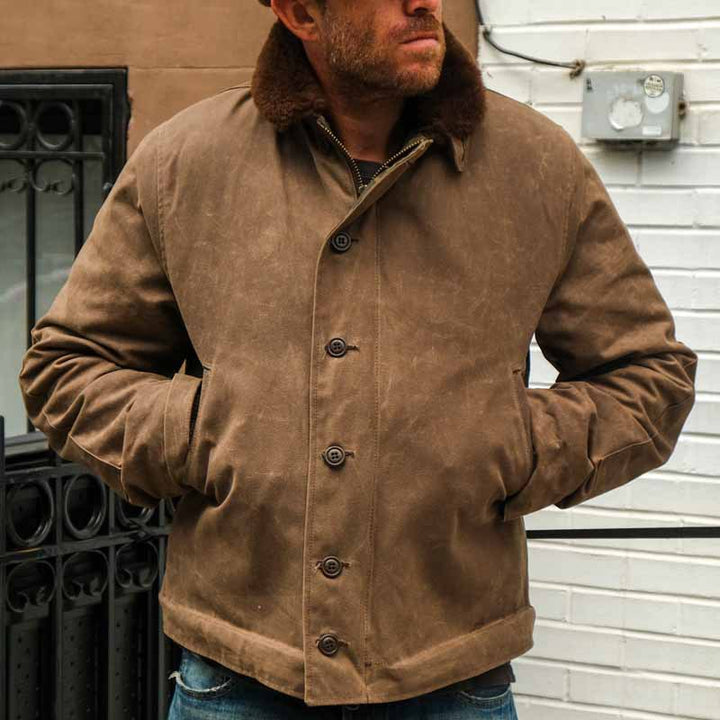 Herren Vintage-Wachsjacke mit Futter aus Kunstpelz Drune