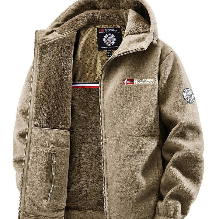 Herren Kuschelige Fleece‑Kapuzenjacke mit Teddyfutter, windabweisend und Reißverschlusstaschen Drune