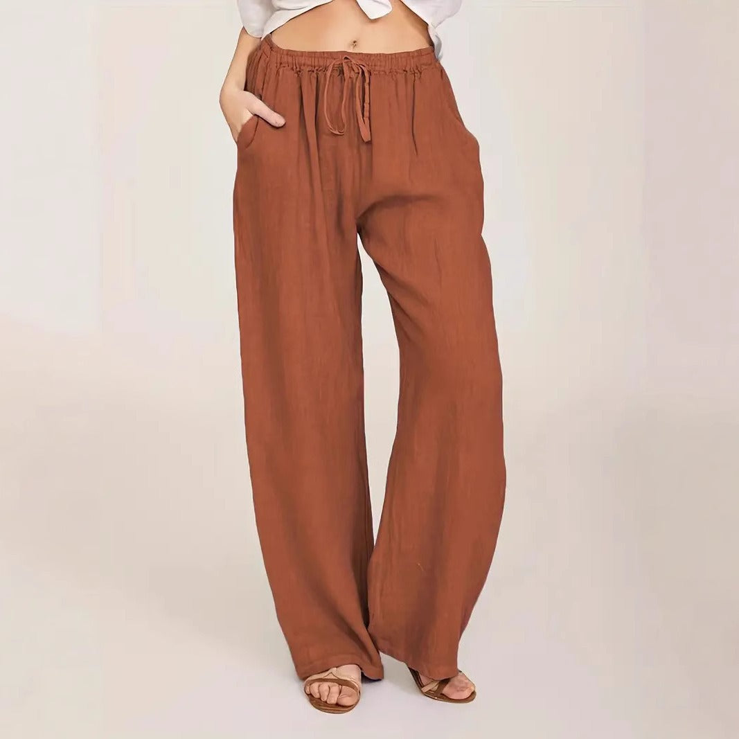 Damen Weite Leinenhose mit elastischem Taillenbund und seitlichen Eingrifftaschen Drune