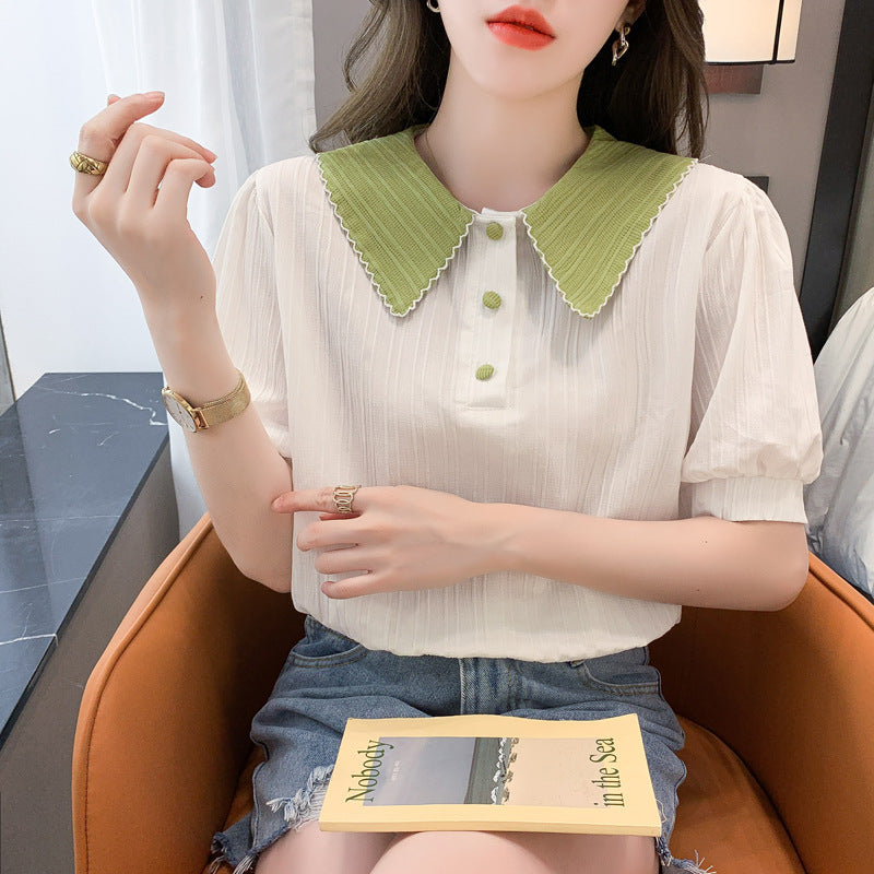Damen Kurzarm Bluse mit elegantem Kragen und dekorativen Knopfdétails Drune