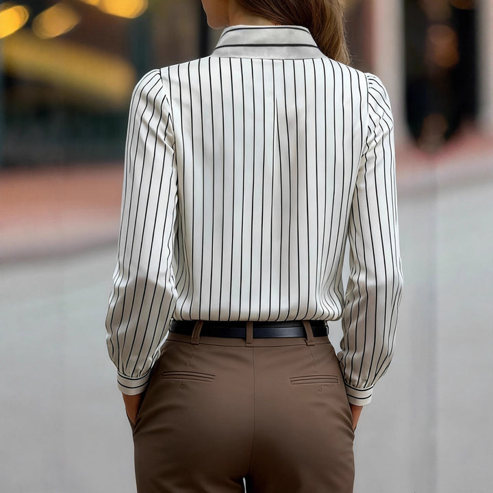 Damen Elegant gestreifte Bluse mit klassischem Kragen und modischen Puffärmeln Drune
