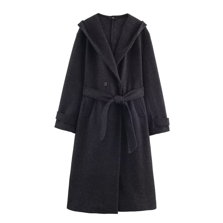 Drune | Damen Woll Winterjacke mit Kapuze und Gürtel im knielangen Stil
