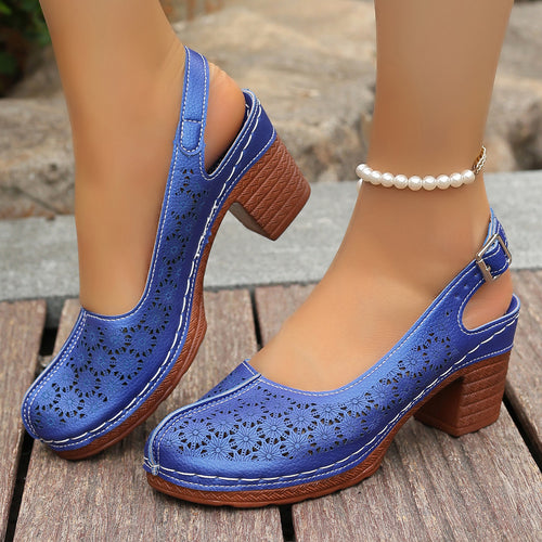 Damen  elegante Slingback-Pumps mit floralem Laser-Cut, gepolsterter Komfortinnensohle und stabilem Blockabsatz Drune