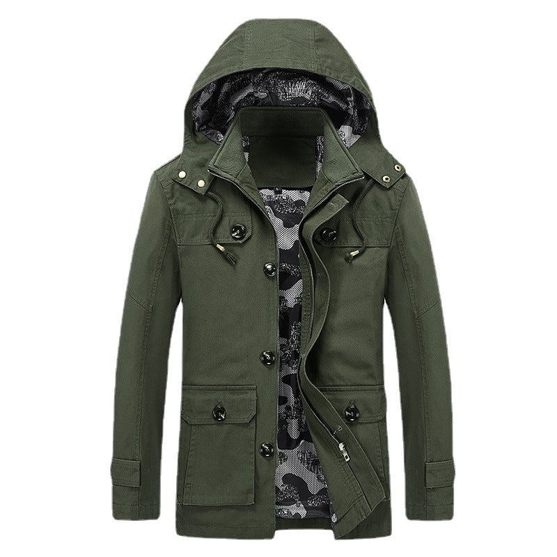 Herren Canvas-Kapuzenparka mit Tarnfutter, Utility-Taschen und verdeckter Reißverschlussleiste Drune