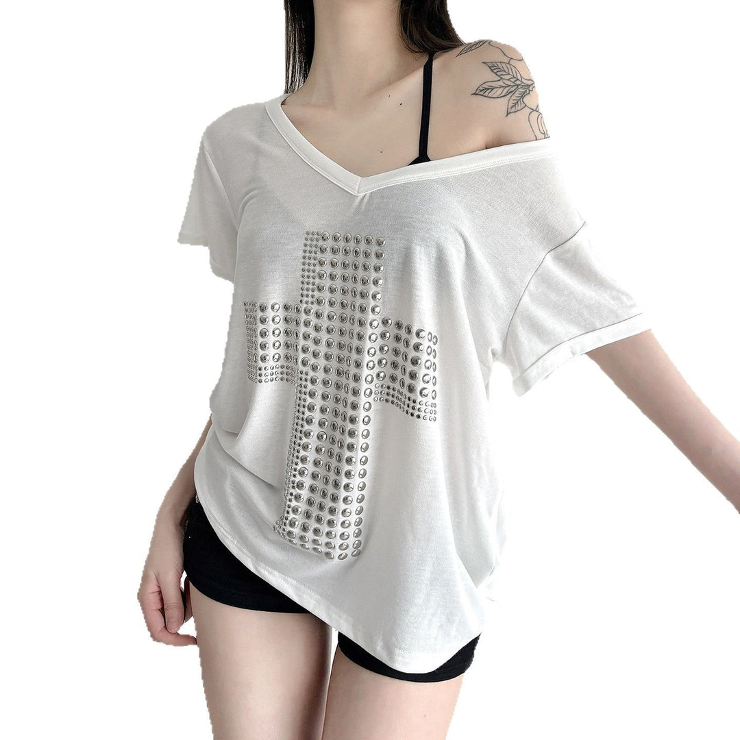 Damen V-Ausschnitt T-Shirt mit stilvollem Nieten-Dekor Drune