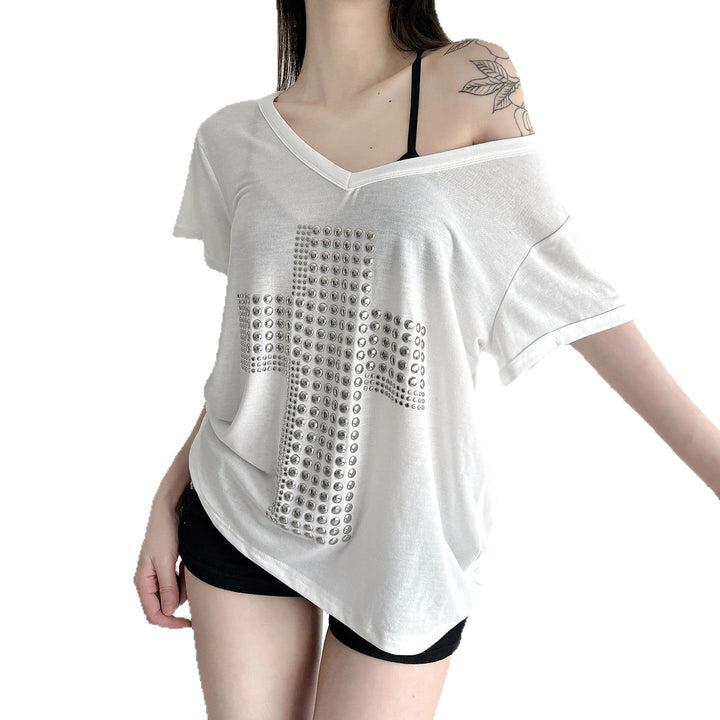 Damen V-Ausschnitt T-Shirt mit stilvollem Nieten-Dekor Drune