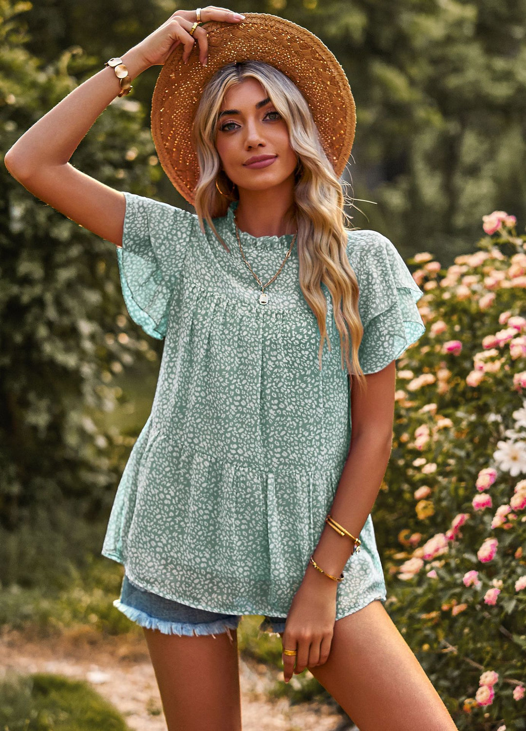 Damen beschwingtes Blusenshirt mit Rüschendetails und floralem Design Drune