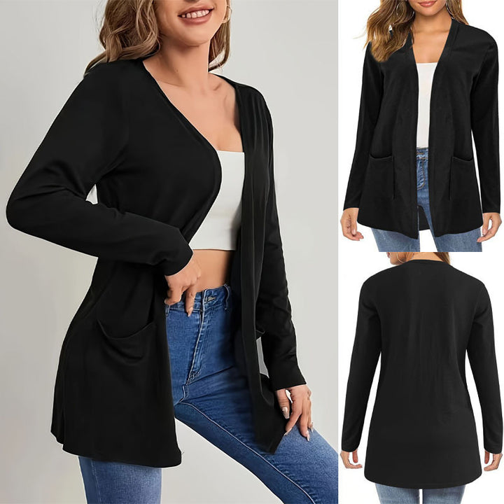 Damen Offene Longline-Cardigan mit aufgesetzten Taschen und schmalem Kragen Drune