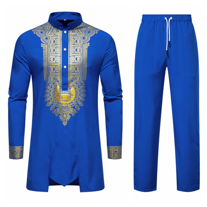 Herren Traditionelles Tunika-Set mit Stehkragen und goldfarbenem Ornamentdruck, Longshirt & Tunnelzughose Drune
