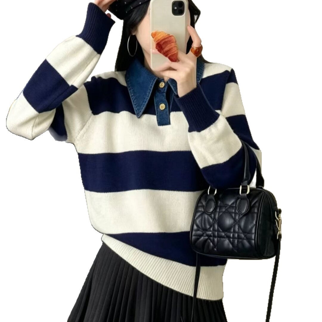 Damen Stilvoller Pullover mit Denim-Kragen Drune