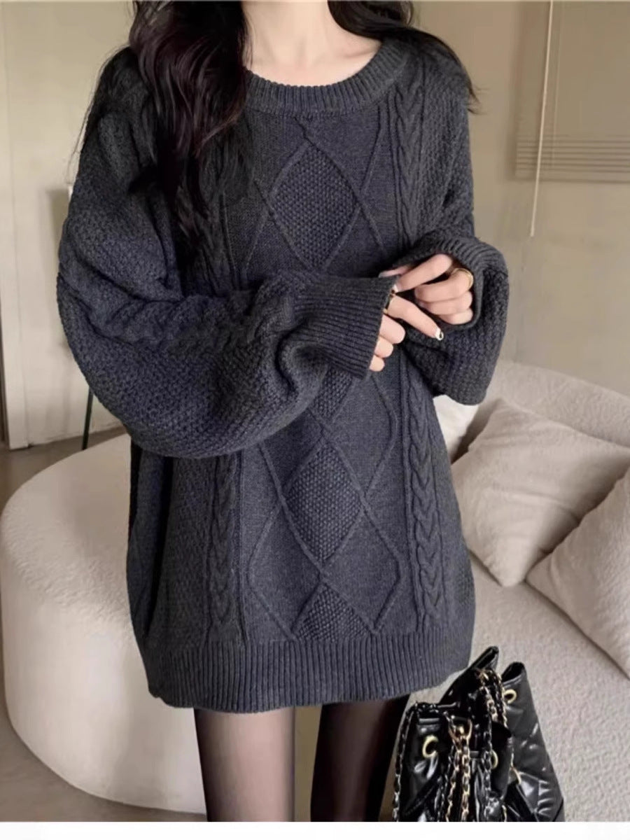 Damen Oversize Zopfmuster-Longpullover mit Rundhals und Ballonärmeln Drune