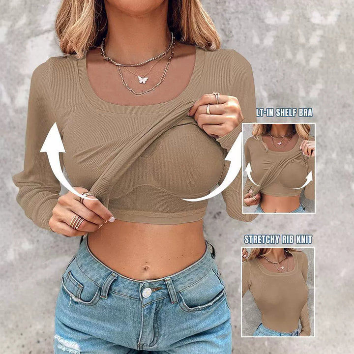 Damen Cropped Rippenstrick Langarmshirt mit integriertem Bustier Drune