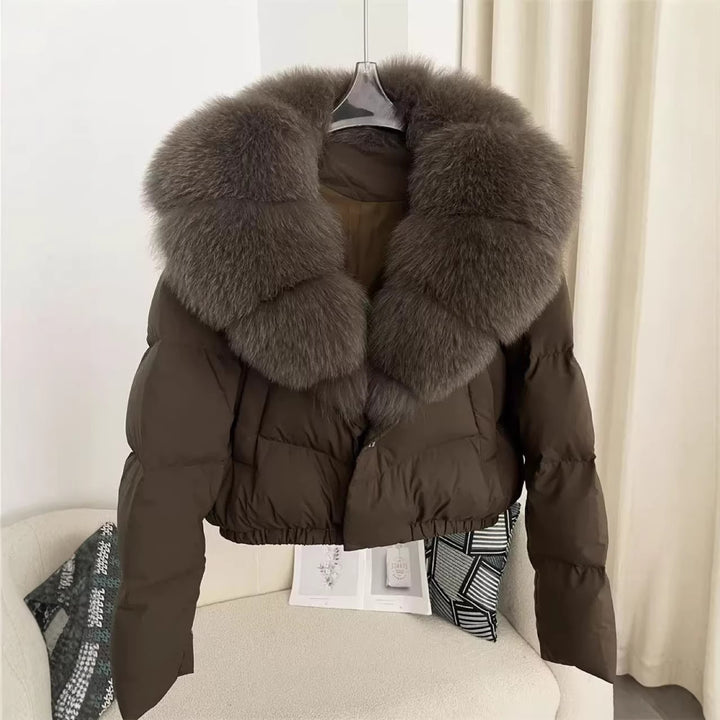 Damen nan kurz geschnittene Boxy-Pufferjacke mit extra großem Webpelzkragen und formstabilem Saum Drune
