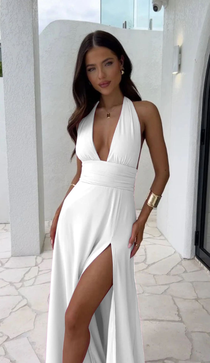 Damen Halfter Maxikleid mit hohem Beinschlitz und figurbetontem Schnitt Drune