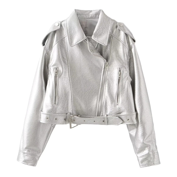 Damen nan kurzer Bikerjacke aus veganem Lederimitat mit asymmetrischem Reißverschluss, Taillengürtel und Schulterklappen Drune