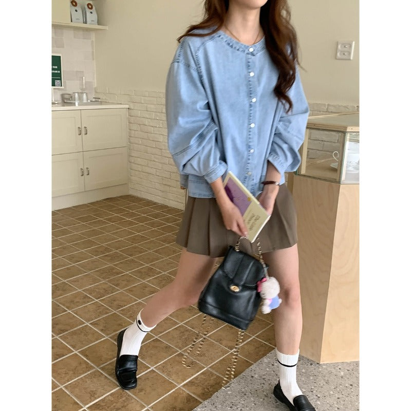 Damen modische Denim-Bluse mit puffärmeln Drune