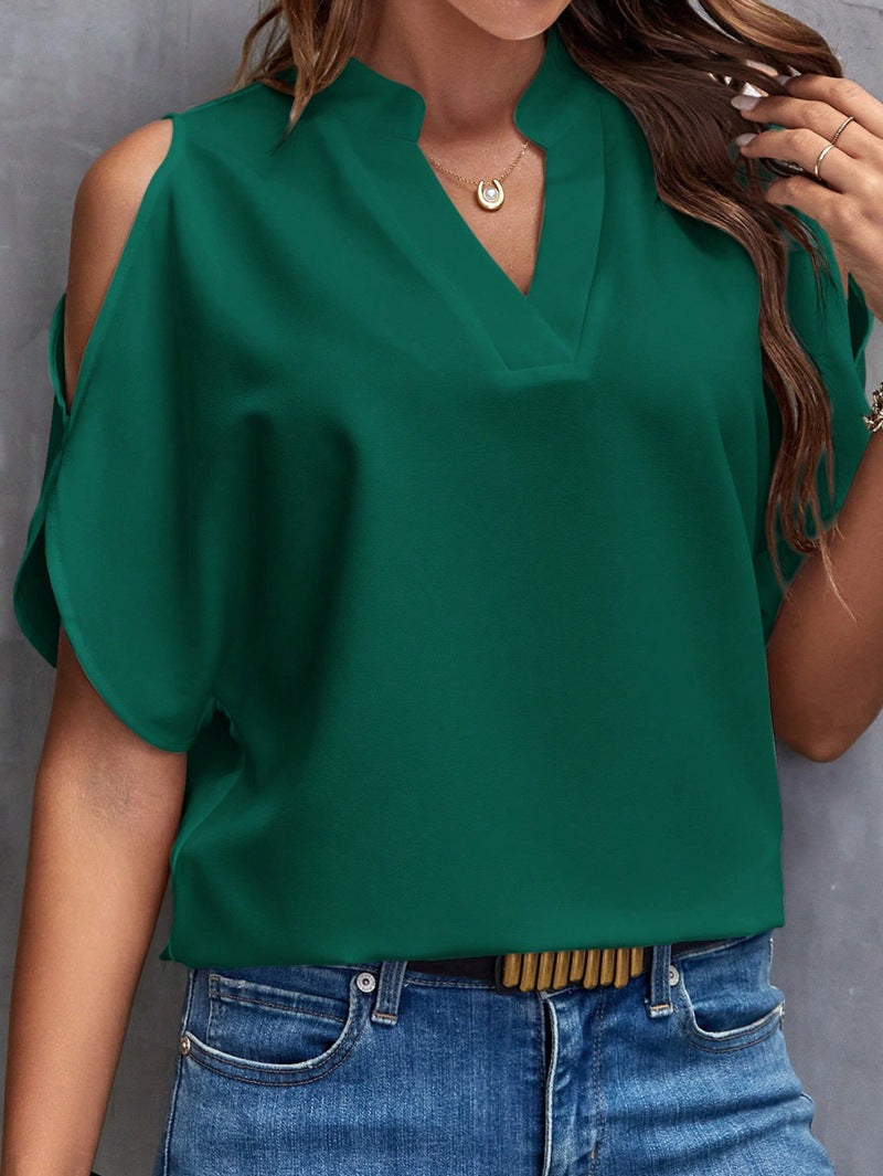 Damen Schulterfreie Chiffonbluse mit V-Ausschnitt und Stehkragen Drune