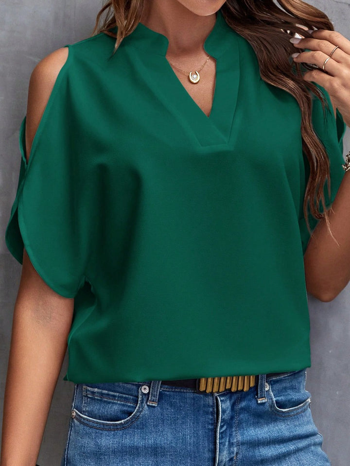 Damen Schulterfreie Chiffonbluse mit V-Ausschnitt und Stehkragen Drune