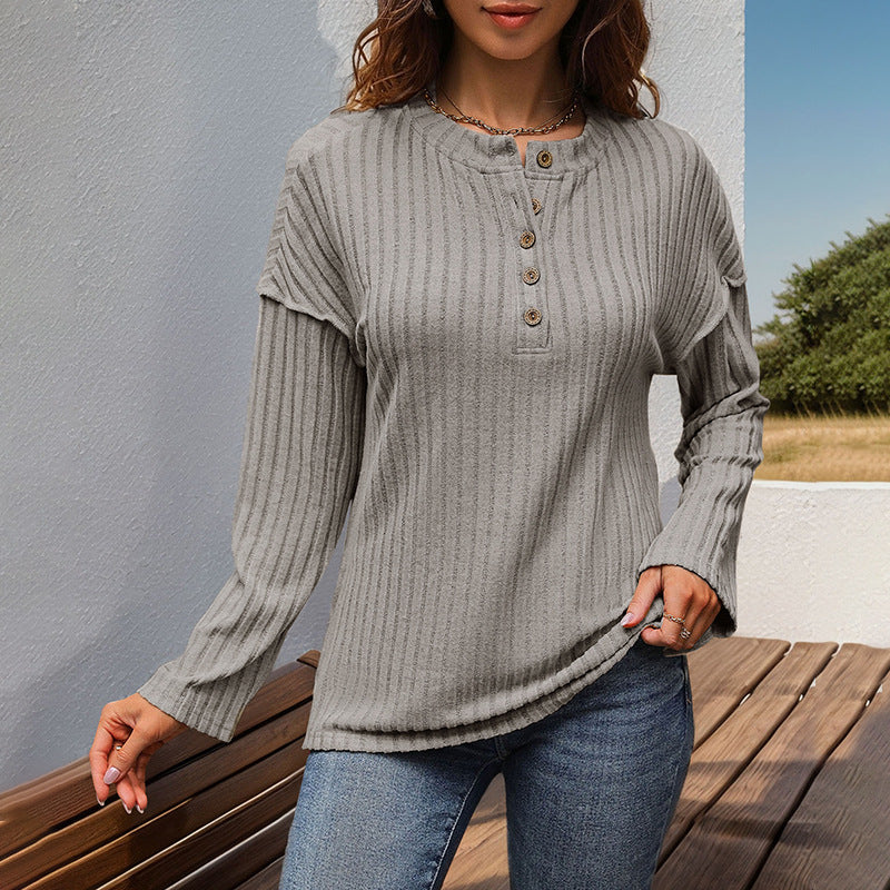 Damen Gerippter Henley-Pullover mit Knopfleiste und überschnittener Schulter Drune