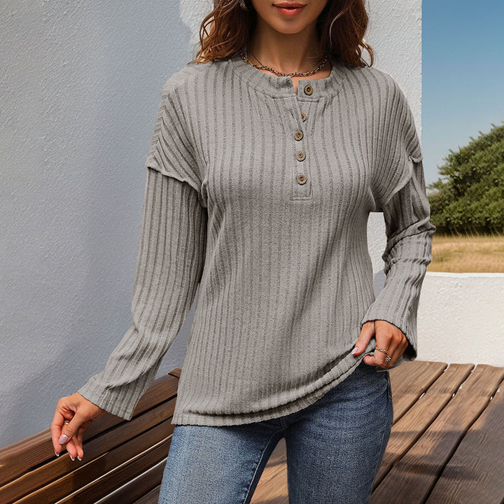 Damen Gerippter Henley-Pullover mit Knopfleiste und überschnittener Schulter Drune