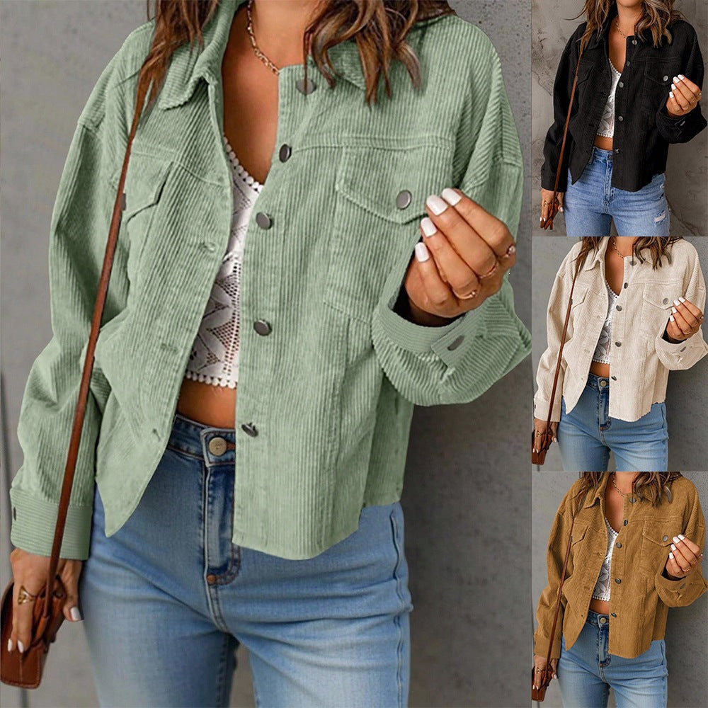 Damen Kurzjacke aus Cord mit Oversize-Passform, Brusttaschen und Druckknopfleiste Drune