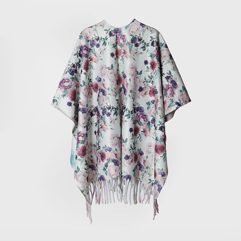 Damen Blumen‑Kimono‑Überwurf mit seidenähnlichem Fall und Fransensaum Drune