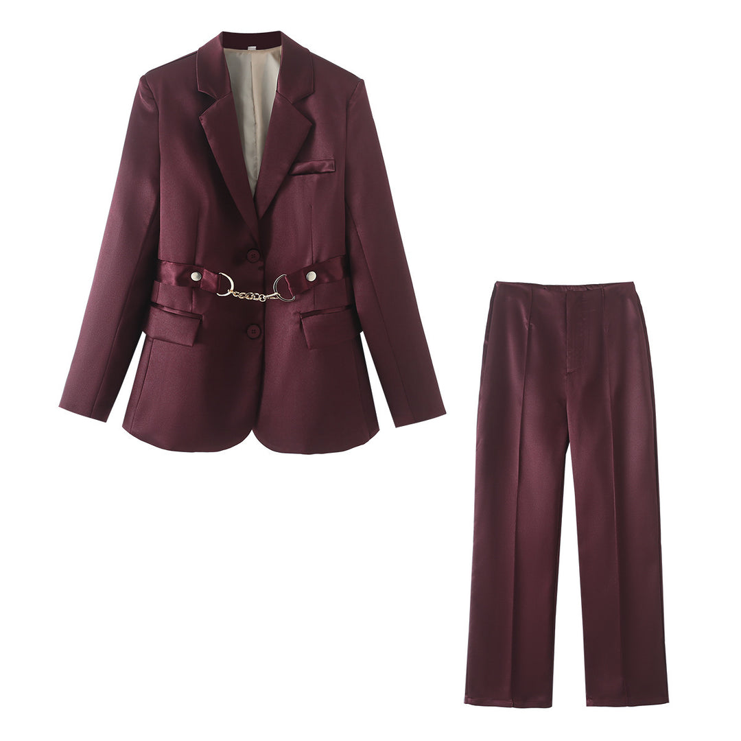 Damen elegantes Satin-Blazer-Set mit Kettenakzent Drune