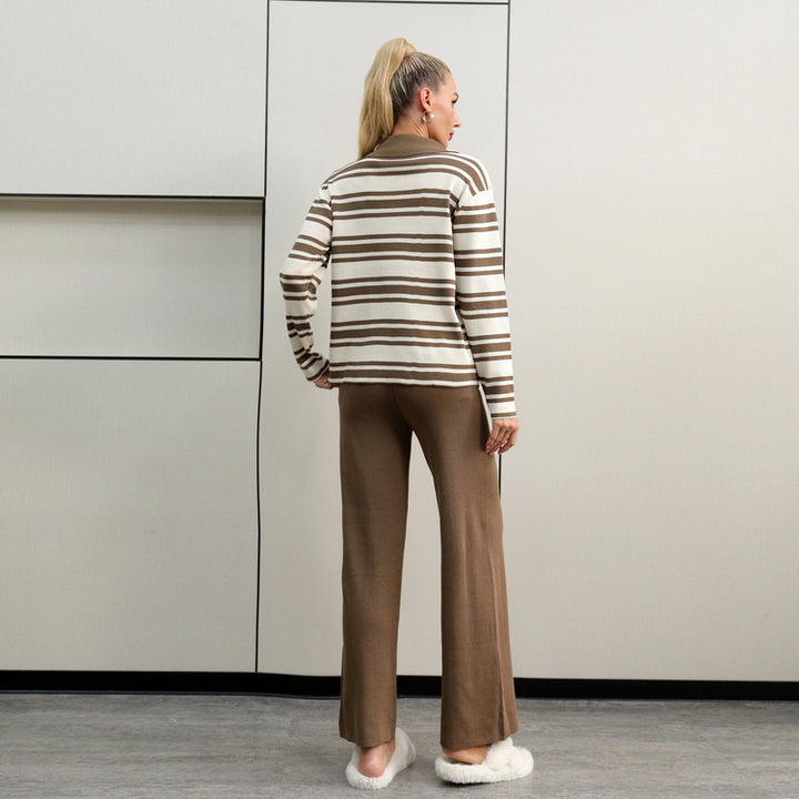 Damen elegantes Strick-Loungewear-Set mit einem modischen Kragen und weit geschnittenen Hosen Drune