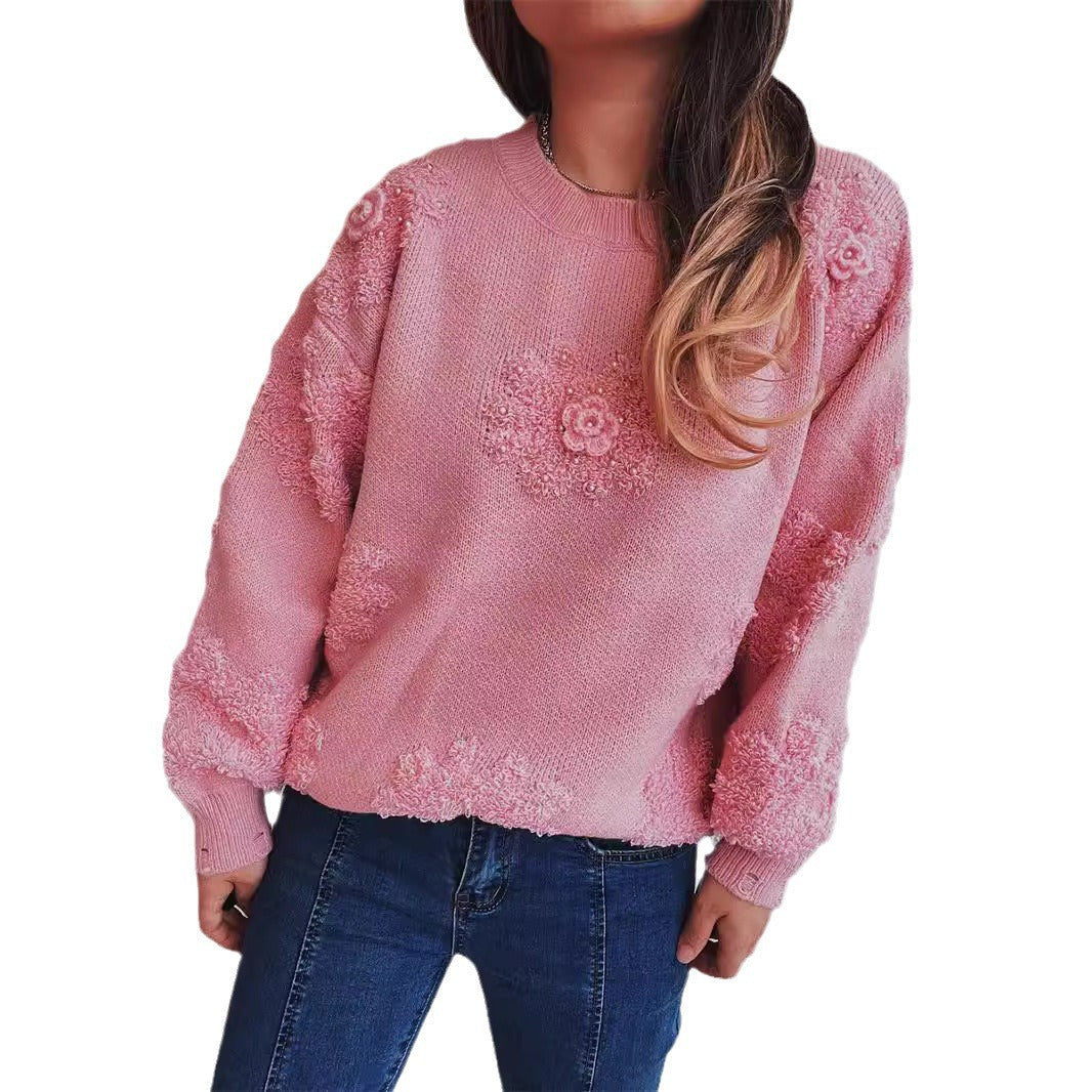 Damen fröhlicher Pullover mit floralen Applikationen und strukturiertem Strickdesign Drune