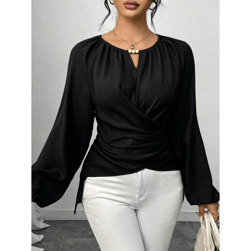 Damen Taillierte Wickelbluse mit Perlendetail und Ballonärmeln Drune