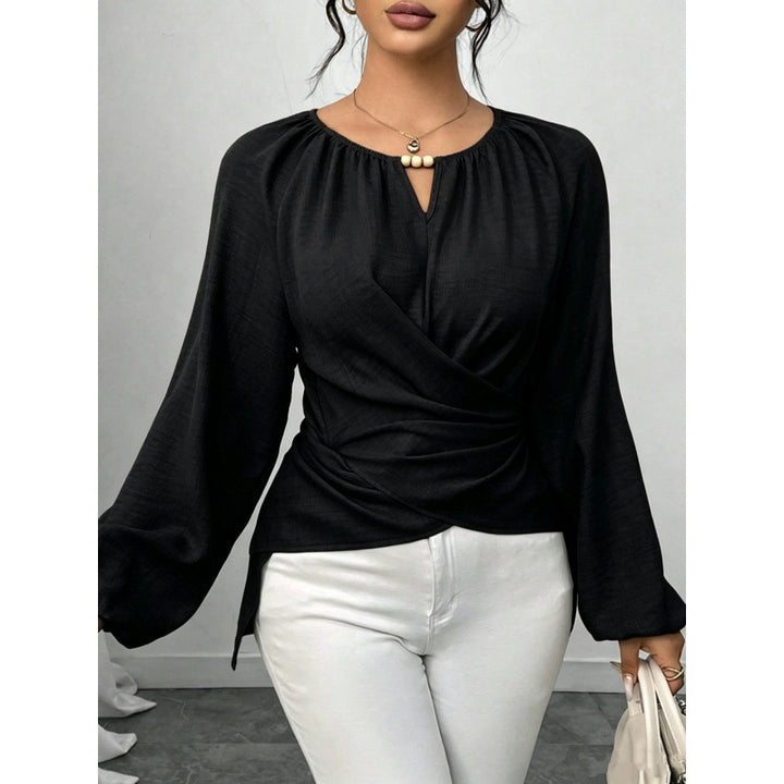 Damen Taillierte Wickelbluse mit Perlendetail und Ballonärmeln Drune