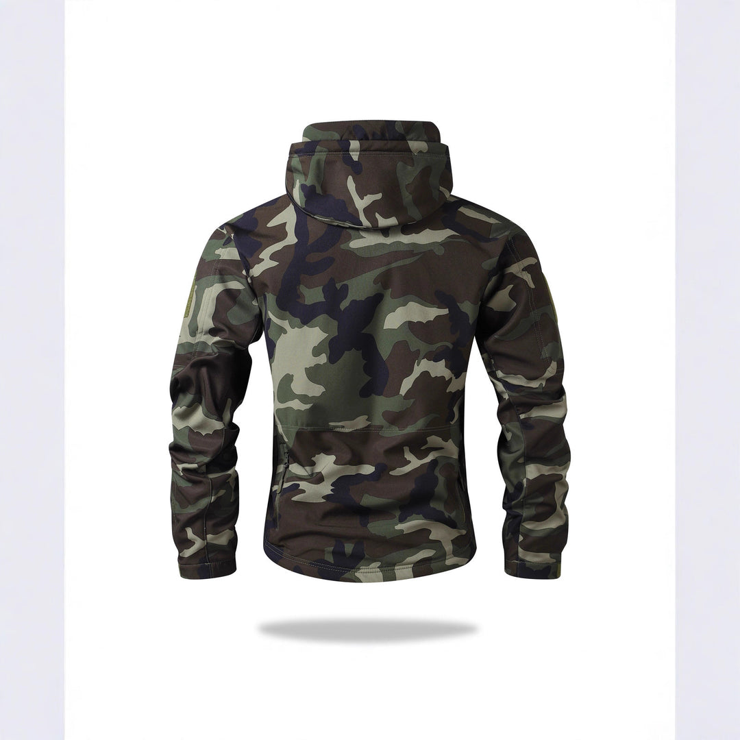 Herren Taktische Softshelljacke mit Kapuze, Camouflage‑Design und Multifachtaschen Drune